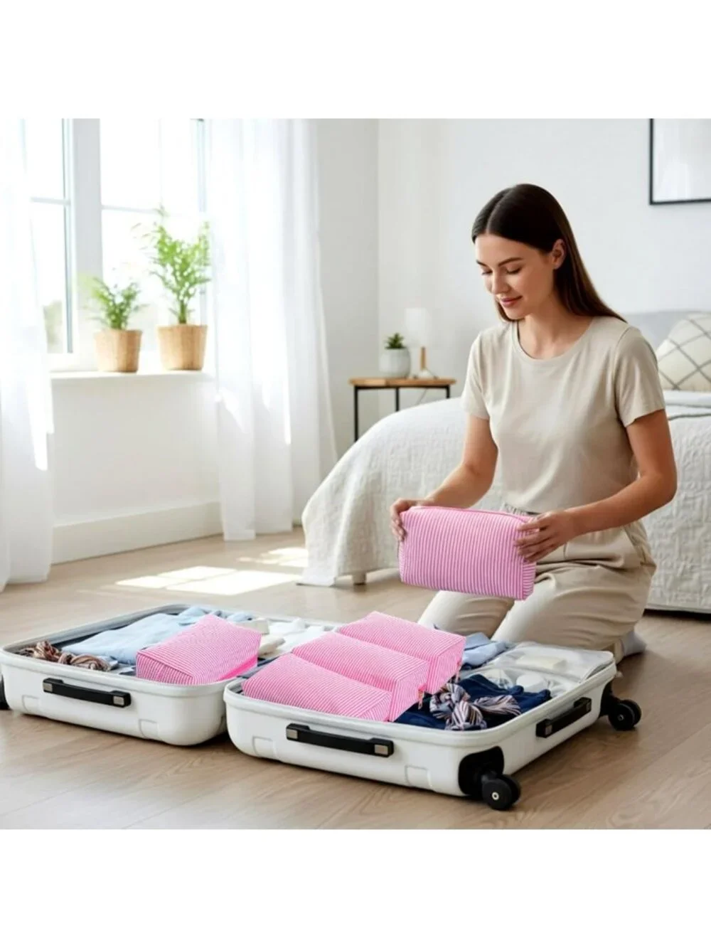 12 Pcs Striped Seersucker Cosmetic Bags Set - Pink Zippered Travel Organizers